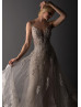 Beaded Ivory Lace Tulle Open Cross Back Wedding Dress